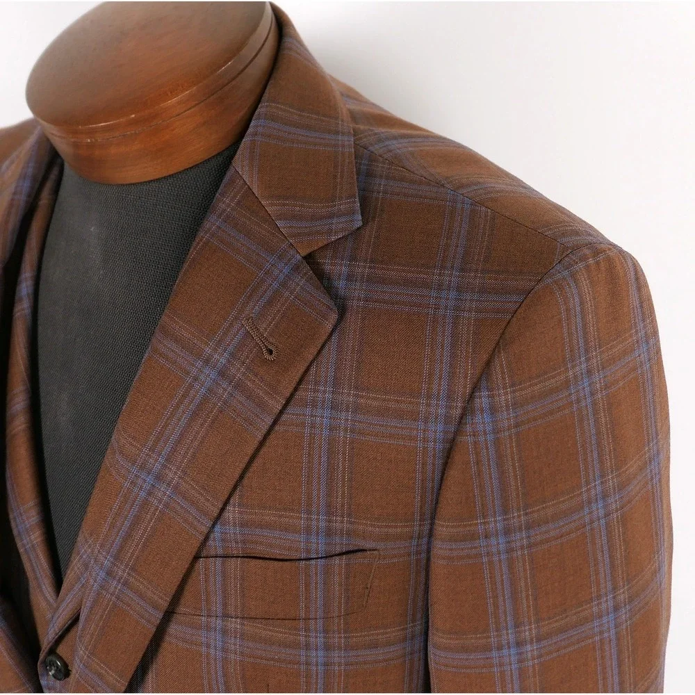 Joseph Abboud Mens 3 Piece Suit 38R Brown Blue Plaid Reda Super 130s Wool USA
